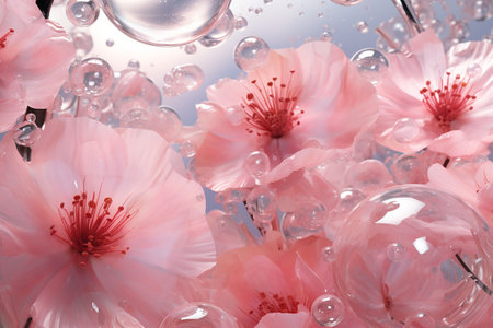 pink sakura flowers in water with bubbles, abstract floral background. Generative aiの素材
