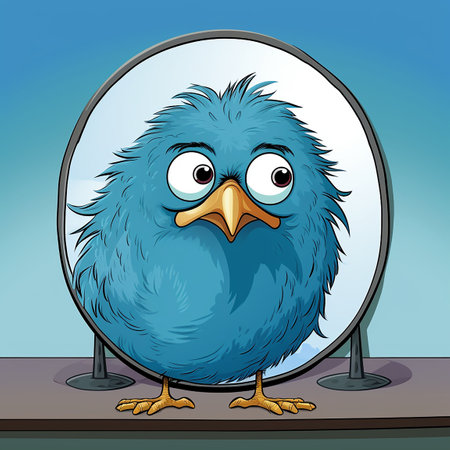 Cute blue bird looking in the mirror. Cartoon illustration. Generative aiの素材