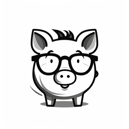 Flat illustration of a cute pig wearing glasses isolated on white background. Piggy bank. Generative aiの素材