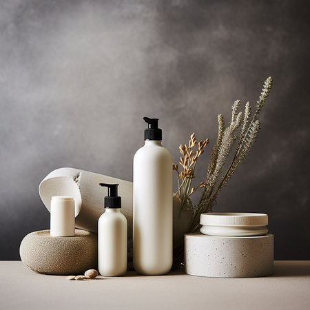 Spa still life with cosmetic products on gray background. Beauty and skincare concept. Generative AIの素材