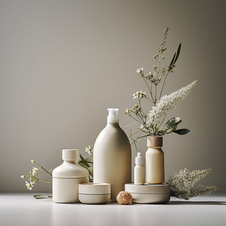 Cosmetic bottles and flowers on gray background. 3d render. Generative AIの素材