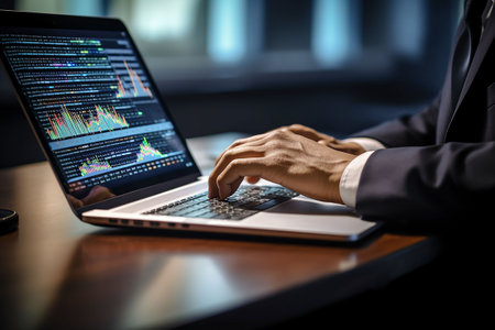Businessman analyzing investment charts with laptop. Business and finance concept. Generative AIの素材