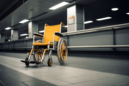 Wheelchair in a modern airport terminal. 3d rendering toned image. Generative AIの素材