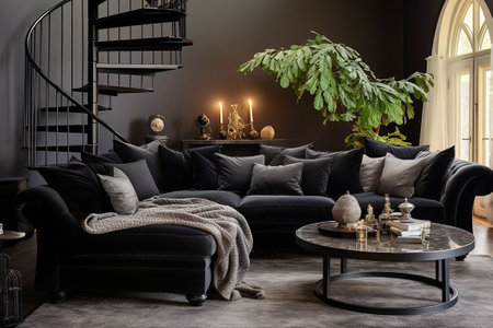Luxury living room interior with black sofa, coffee table, spiral staircase and plant. 3d render. Generative AIの素材