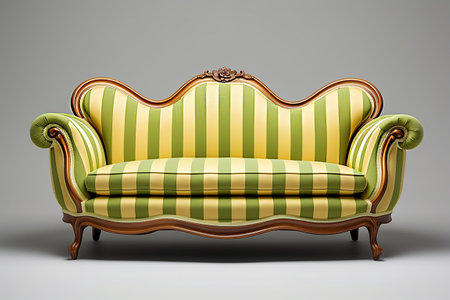 Classic golden sofa isolated on gray background. 3d render image.Yellow and green stripes. Generative AIの素材