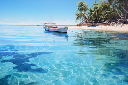 Boat on the tropical beach with palm trees and turquoise water. Tropical beach landscape. Generative AIの素材