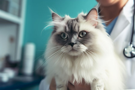 Veterinarian and persian cat in vet clinic, closeup. Generative AIの素材