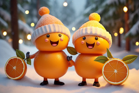 Funny orange couple in warm hats with oranges in the snow. Generative AIの素材
