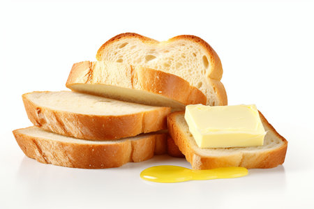 Slices of bread and butter on a white background, isolated. Generative AIの素材
