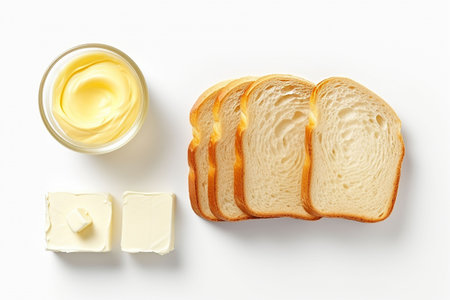 Slices of bread with butter on white background, top view. Generative AIの素材