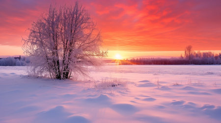 Beautiful winter landscape with snow covered trees and colorful sky at sunset.の素材