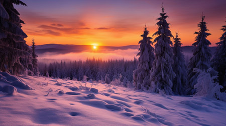 Fantastic winter landscape glowing by sunlight. Dramatic wintry scene. Carpathian, Ukraine, Europe. Beauty world.の素材