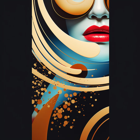 Beautiful girl with red lips and abstract black and gold geometric background. Digital illustration. Generative AIの素材