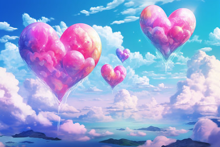 Valentine's day background with heart-shaped balloons and clouds, blue sky. Generative AIの素材