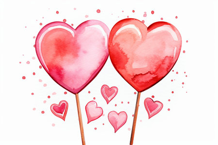 Watercolor hearts on a stick. Valentines day card. Hand drawn illustration. Generative AIの素材