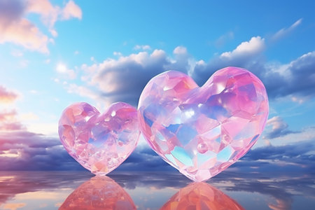 Two hearts on the sky background. Valentines day concept. Reflection. 3D rendering, Generative AIの素材