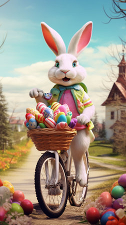 Easter bunny with basket of colorful eggs on bicycle in village. Generative AIの素材
