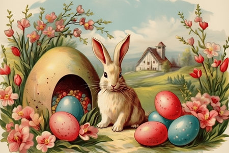 Easter bunny and painted eggs on a green meadow with flowers. Generative AIの素材