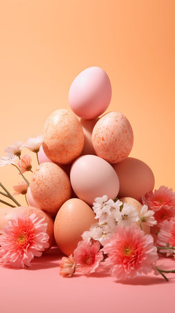 Easter composition with eggs and flowers on orange background. Happy Easter concept. Generative AIの素材