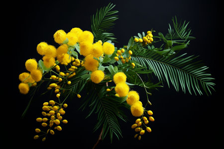 Mimosa flowers on black background. Studio shot. Shallow depth of field. Generative AIの素材