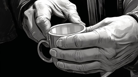 Hands holding a cup of coffee on a black background. 3d rendering. Generative AIの素材