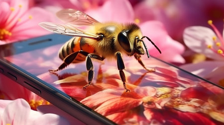 Honeybee on a smartphone with pink flowers in the background. Generative AIの素材
