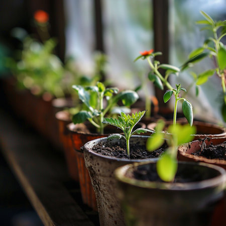 Tomato seedlings in pots on the windowsill. Selective focus.の素材