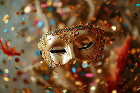 golden carnival mask on a background of confetti and ribbonsの素材