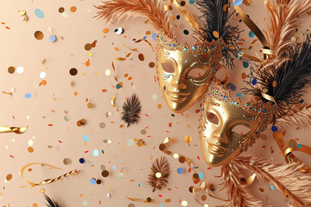 Golden carnival masks with feathers and confetti. 3d renderingの素材