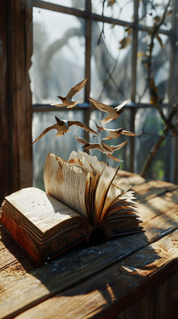 Open book with flying birds on a wooden table in the sunlight.の素材
