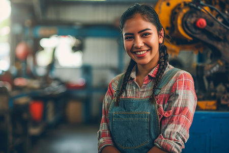 Portrait of a beautiful female factory worker smiling and looking at cameraの素材