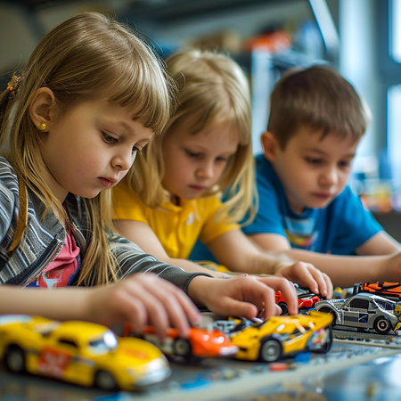 Group of children playing with toy cars in kindergarten. Preschool education conceptの素材