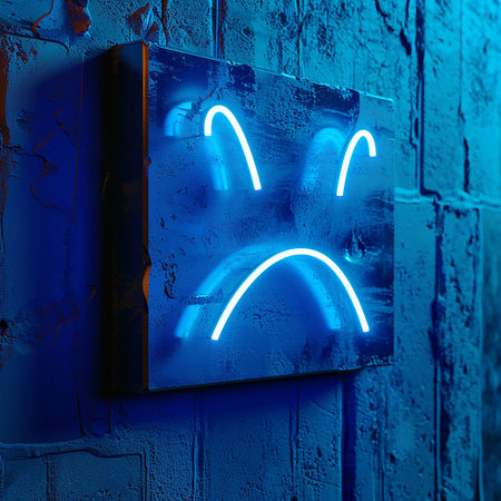 Blue neon sign on blue brick wall. 3d render illustration.の素材