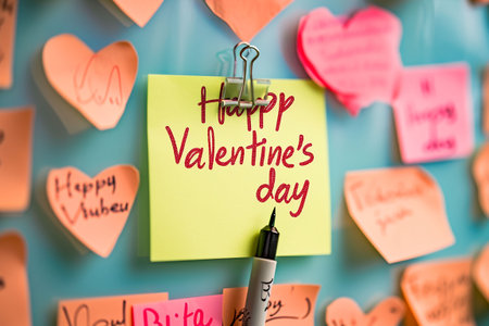 Happy valentines day message on sticky note with heart shaped paper clipsの素材