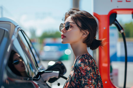 portrait of a beautiful young brunette woman at the gas stationの素材