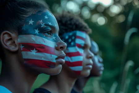 African american woman with flag painted on her face. Selective focus.の素材