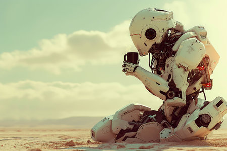 Astronaut sitting on the sand and holding a cup of coffeeの素材