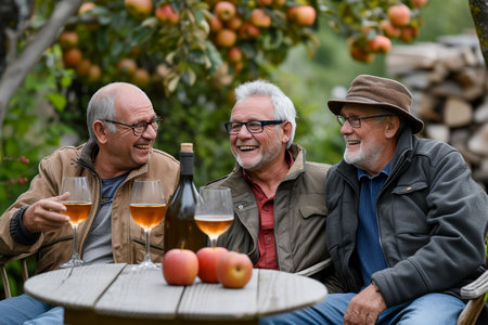 Three senior men sitting at a table in an apple orchard, talking and drinking wineの素材