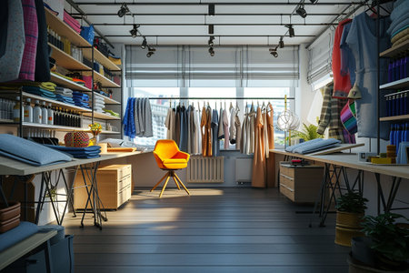3d rendering interior of a fashion showroom with clothes on shelvesの素材