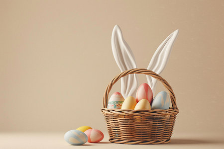 Basket with Easter eggs and bunny ears on a beige backgroundの素材