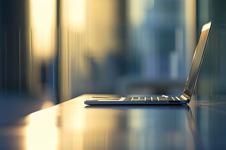 Laptop on the table. 3d rendering. Toned image.の素材