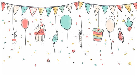 Birthday background with hand drawn doodle elements. Vector illustration.の素材