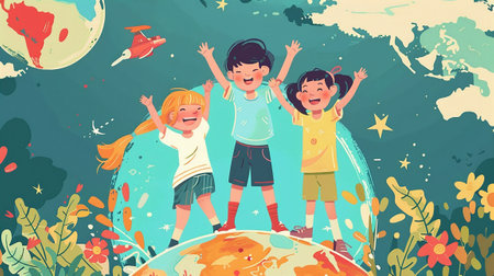Happy children of different races standing on the planet. Vector illustration in flat style. Poster for International Children's Day.の素材