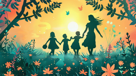 Silhouette of a mother and her children in the meadow. Poster for International Children's Day.の素材