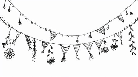 Hand drawn garland of flags and flowers on a white background.の素材