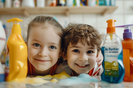 Two children, boy and girl, playing in the bathroom with detergentsの素材