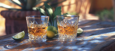 Two glasses of whiskey with ice and lime on a wooden table.の素材
