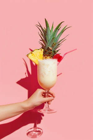 female hand holding cocktail with pineapple and straw on pink background with shadowの素材