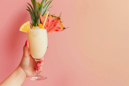 Pina colada cocktail in female hand on a pink background.の素材