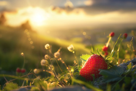 Strawberry on the green grass in the sunset light. Nature backgroundの素材